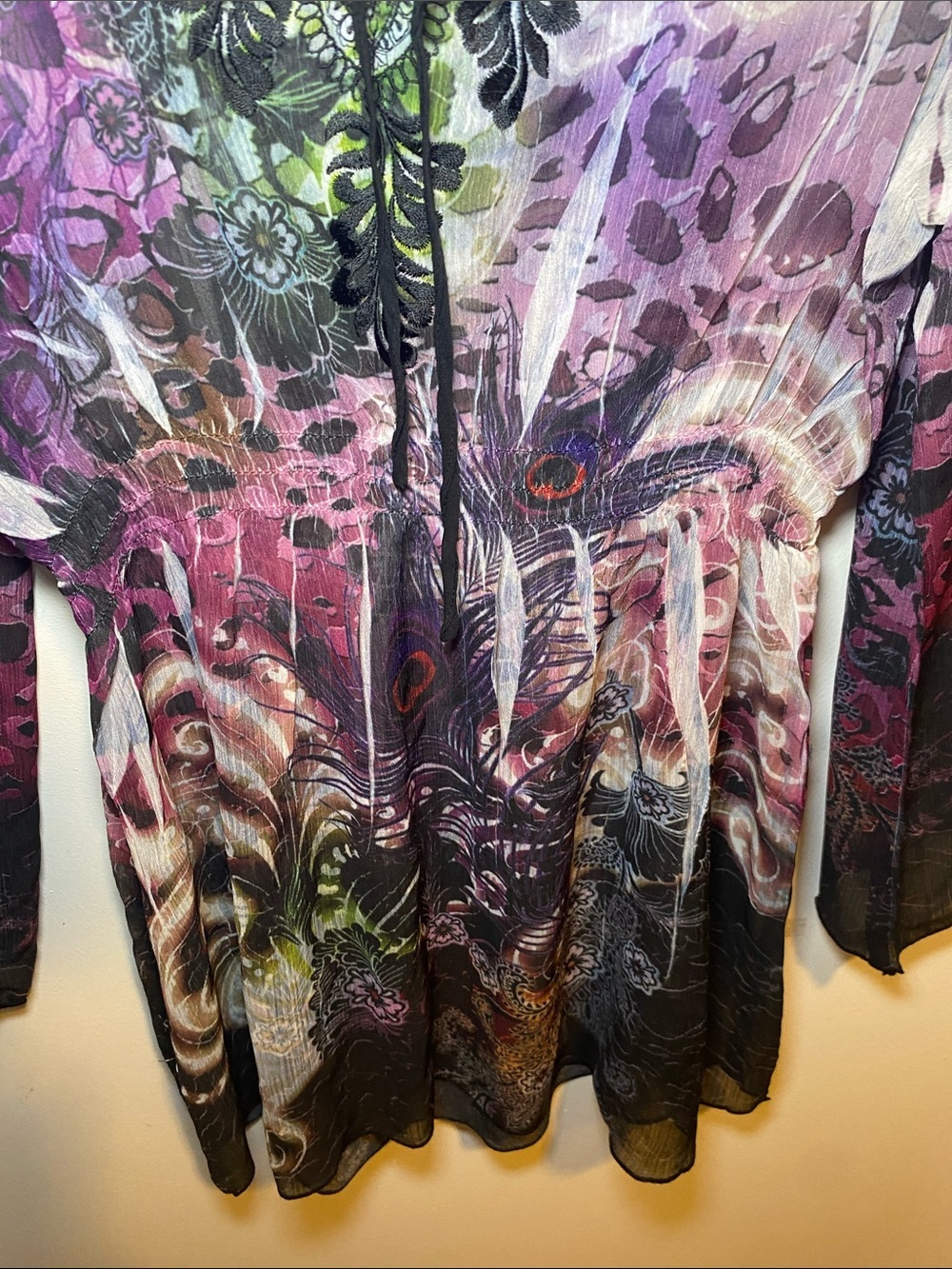 Sheer Multi-Color Print Tie-Front Women’s Blouse - Picture 5 of 6